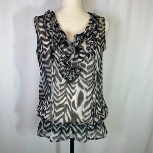 Zebra Print Blouse Semi sheer Black and White Sleeveless Ruffle V Neck Size M